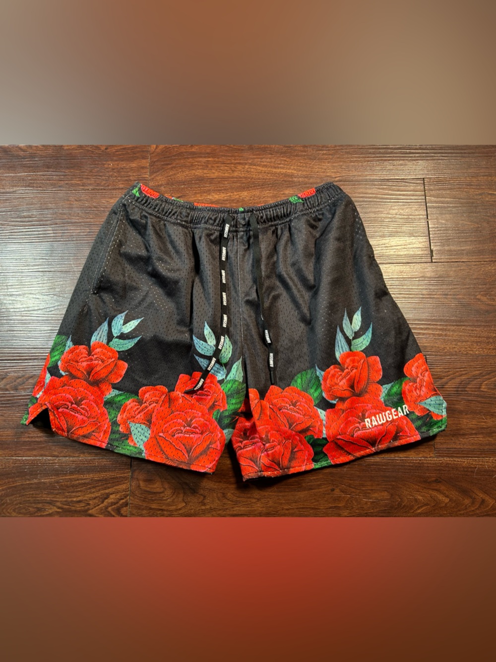 Men’s Rawgear Shorts Large Roses Floral Black Mesh Pockets Drawstring Leopard